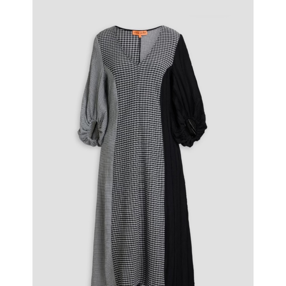 Patchwork seersucker midi dress with pockets
